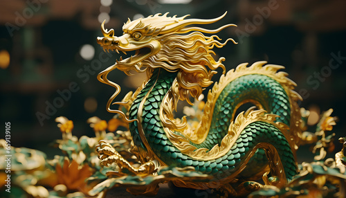 Golden and green dragon. Chinese new year 2024, year of the dragon background
