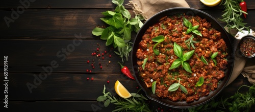 Vegan meat cooked with herbs versatile for Bolognese or stuffing peppers