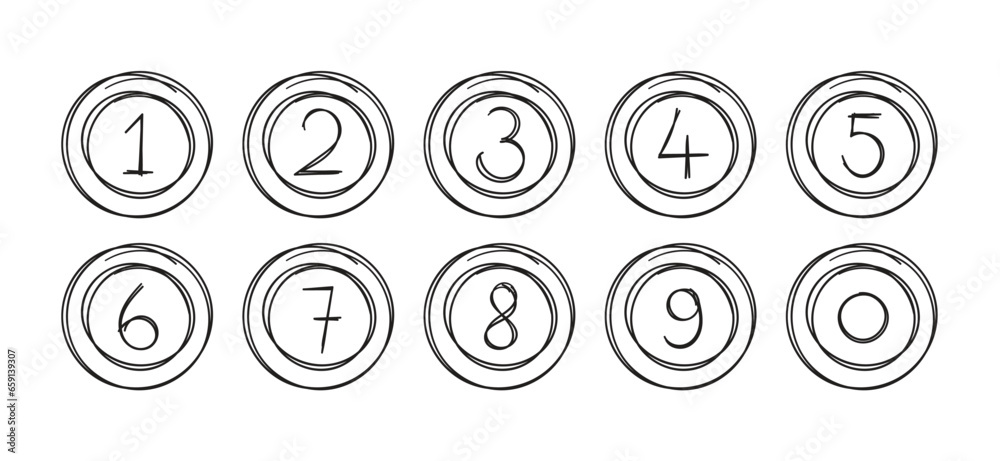 hand drawn 0-9 numbers on white background
