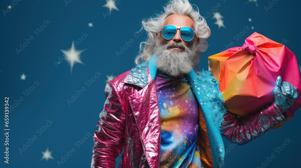Metaverse Glamour. Man with Extravagant Accessories and Cosmic Bag. Shop the Meta Universe. Stylish Man with Cosmic Shopping Bag