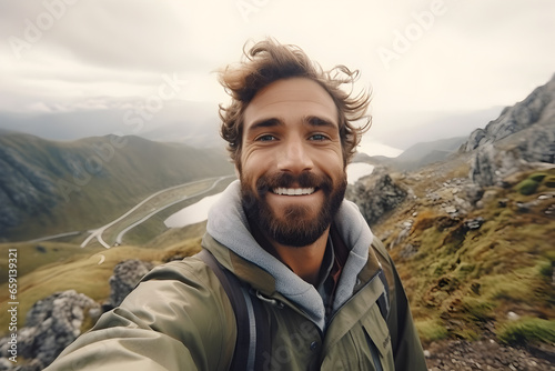 Portrait of a handsome man taking a selfie in the mountains. Hiking in the mountains 