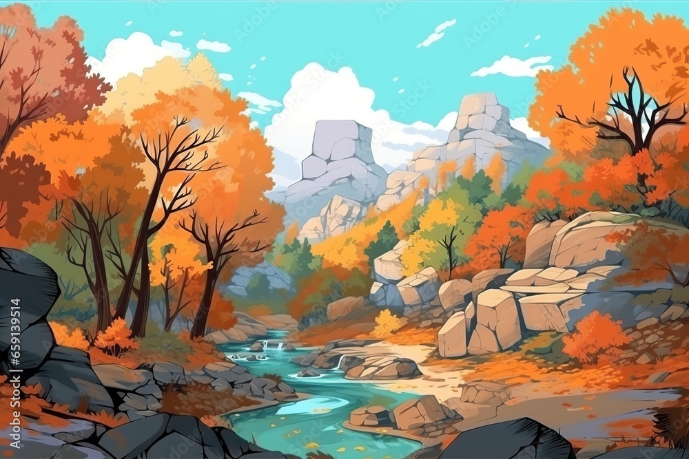 stained glass style illustration, with a rocky stream, trees and mountain
