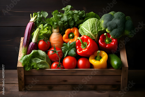 Fresh organic vegetables in a wooden box on a dark background. Advertising commercial photo. Harvest  thanksgiving. Eco friendly lifestyle. Healthy eating. Food delivery