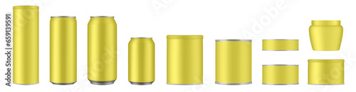 Set of yellow tin cans and jars. Coffee or tea canister. Tin can for preserves or pet food. Beer, cocktail or soda can. Chips tube. Cookie jar. Round box for sugar or flour