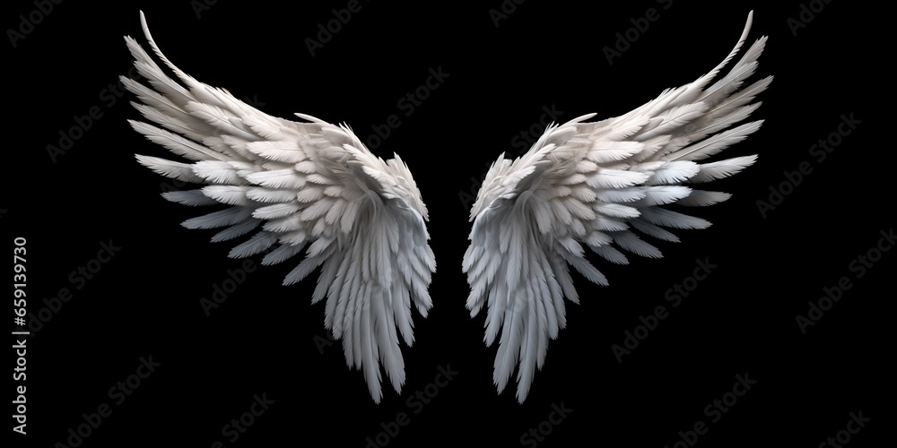 Naklejka premium Angel wings isolated on the black background, fantasy feather wings for fashion design, cosplay and dress up party.