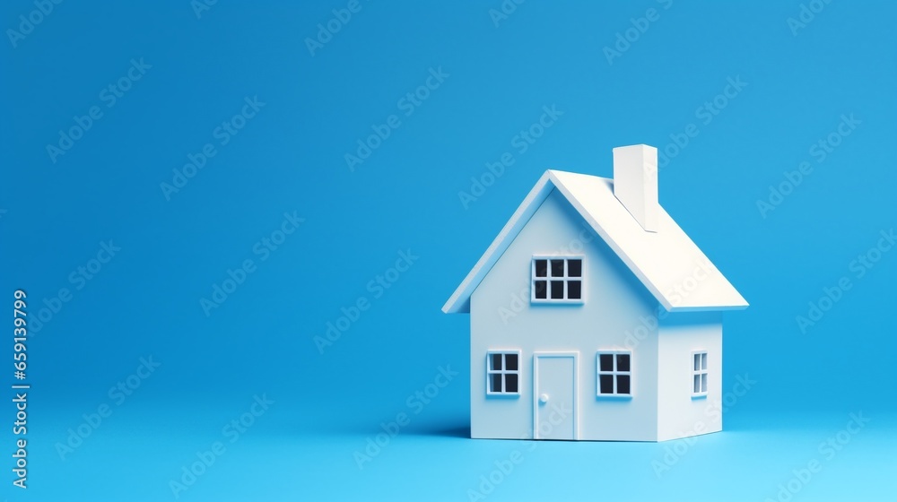 Home sweet home, white simple 3d house model toy isolated on blue background, copy space. Home sweet home, white simple 3d house model toy isolated on blue background, copy space.