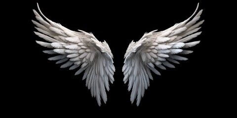 Angel wings isolated on the black background, fantasy feather wings for fashion design, cosplay and dress up party.