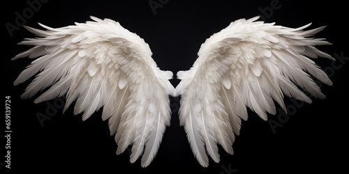 Angel wings isolated on the black background, fantasy feather wings for fashion design, cosplay and dress up party. photo