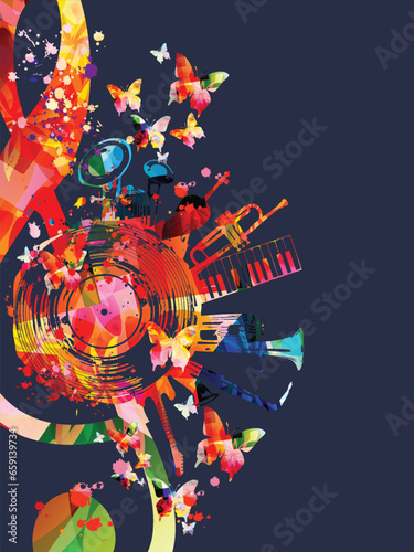 Colorful musical poster with G-clef, LP vinyl record disc and musical instruments vector illustration. Playful background for live concert events, music festivals and shows, party flyer