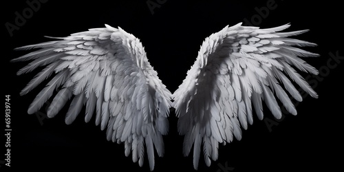 Angel wings isolated on the black background, fantasy feather wings for fashion design, cosplay and dress up party.