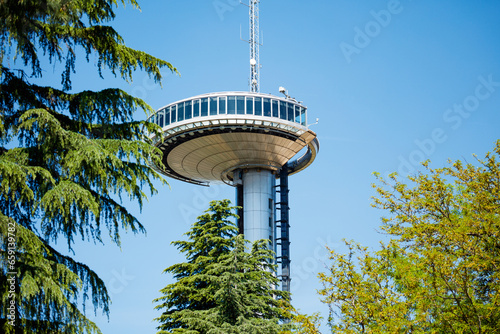 Close-up of a Faro de Moncloa transmission tower in Madrid photo