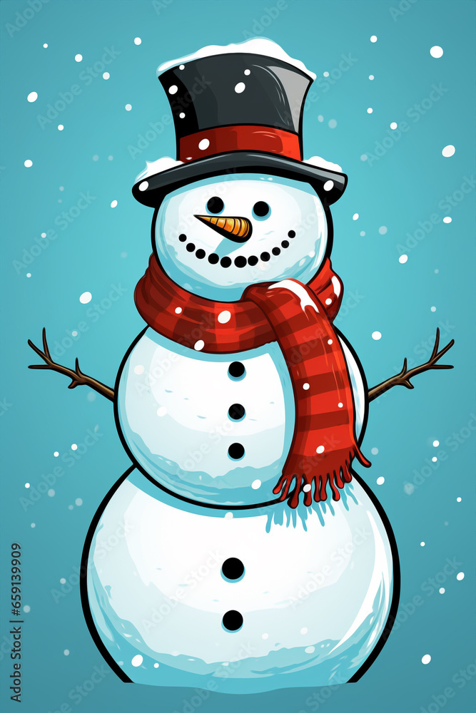 Snowman wearing scarf and top hat, pop art style background Snowman wearing scarf and top hat, pop art style background