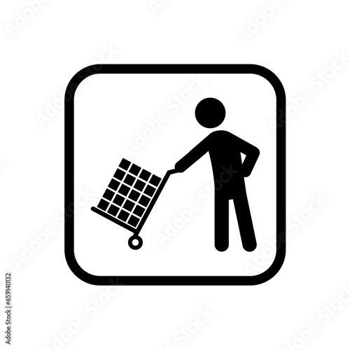 The icon of the place for unloading the vehicle. A man carries a heavy load on a cart. EPS10