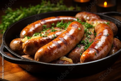 Irresistible Charcoal-Grilled Delicacy: A Savory, Juicy, and Authentic German Rostbratwurst Dish, Bursting with Flavorful Herbs and Plump Pork Sausage