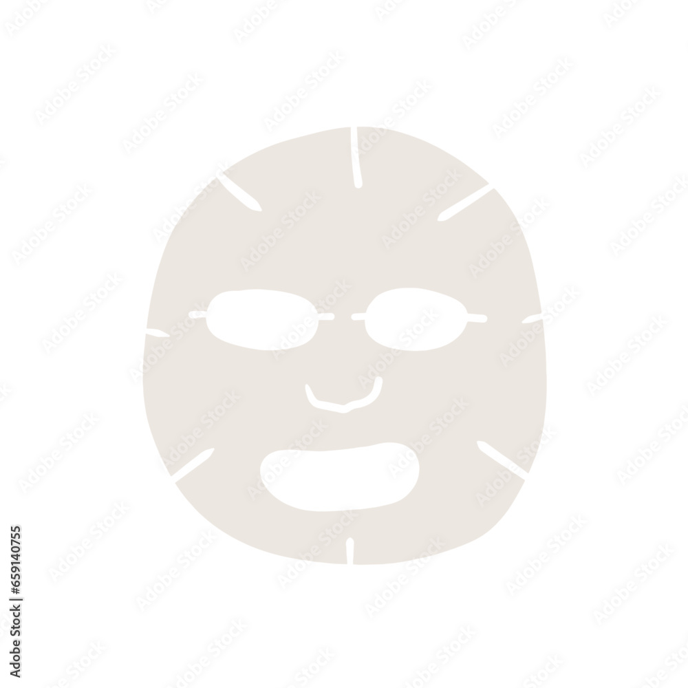 Sheet Face Mask. Skin hydrating or moisture. Facial skincare beauty cosmetic. Spa treatment product. Woman natural makeup with lotion. Cartoon illustration isolated on white Sheet Face Mask. Skin hydrating or moisture. Facial skincare beauty cosmetic. Spa treatment product. Woman natural makeup with lotion. Cartoon illustration isolated on white