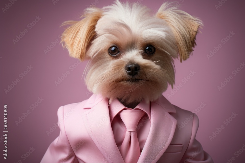 Cute funny anthropomorphic dog in clothes. Pink mood concept. Portrait with selective focus and copy space