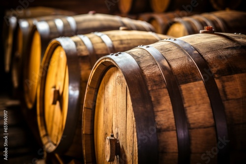 Row of Wine Barrels in an Indoor Cellar. Background with selective focus and copy space