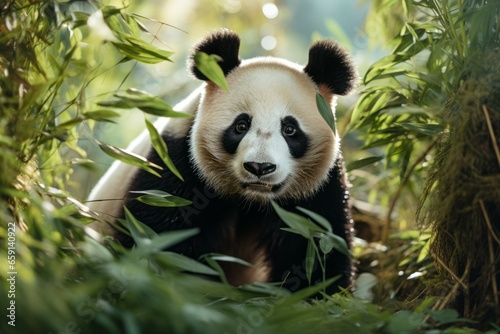 Panda in the forest. Portrait with selective focus and copy space