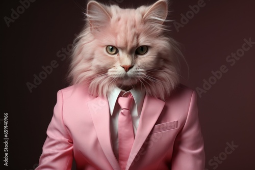 Cute funny anthropomorphic kitty in clothes. Pink mood concept. Portrait with selective focus and copy space © top images