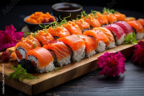 Appetizing sushi. Background with selective focus and copy space