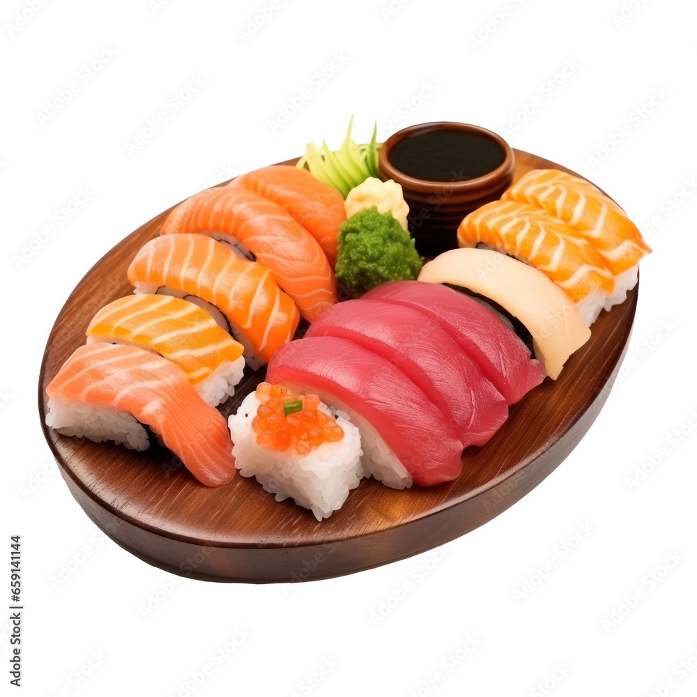 Sushi platter: Assorted sushi rolls and sashimi on a platter. isolated Sushi platter: Assorted sushi rolls and sashimi on a platter. isolated