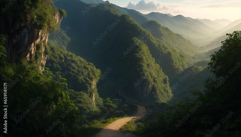 A mountain trail, High definition, high resolution, dense jungle - AI Generative