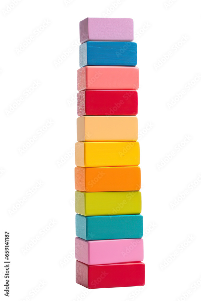 Colorful blocks stacked high in a tower, ready to topple isolated Colorful blocks stacked high in a tower, ready to topple isolated