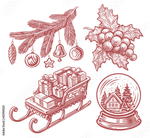 Santa Claus sleigh with gifts. Fir branch with Christmas decorations. Glass ball with snow. Holly vector illustration