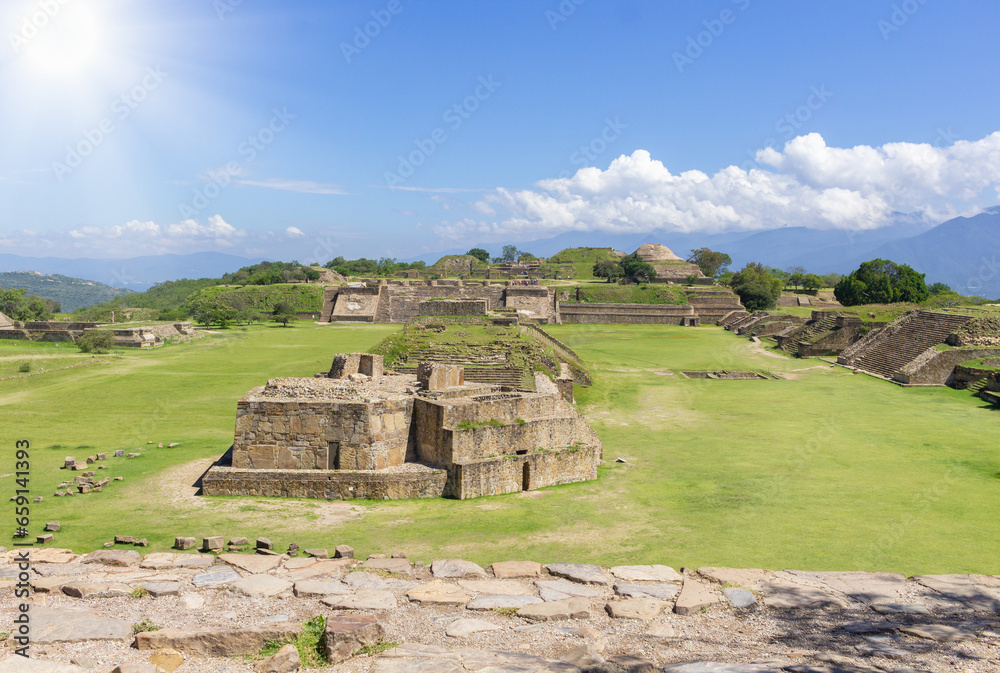 High and complete view of the archaeological zone of Oaxaca Mexico. mount alban
