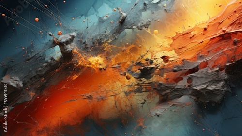 An abstract painting with orange and blue colors