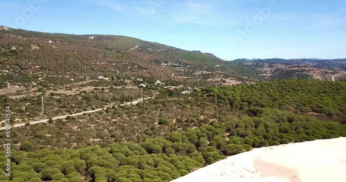aerial view, flight from the top of the Dunes of Bolonia towards the Atlantic Ocean, Cadiz, Costa de la Luz, Andalusia, Spain