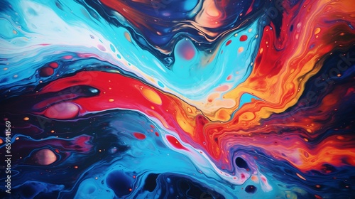 An abstract painting with blue, red, and orange colors