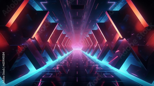 A futuristic hallway with neon lights and a tunnel