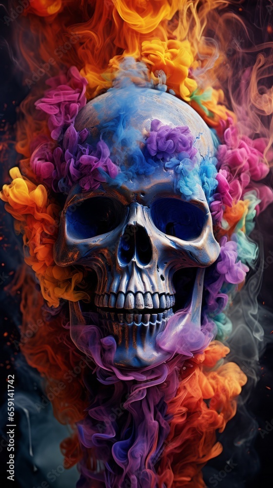 A skull with colorful smoke coming out of it