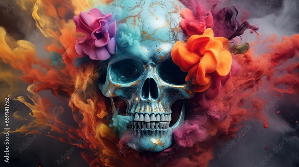 A skull with colorful smoke coming out of it - obrazy, fototapety, plakaty 