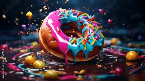 A donut with sprinkles and blue and pink icing