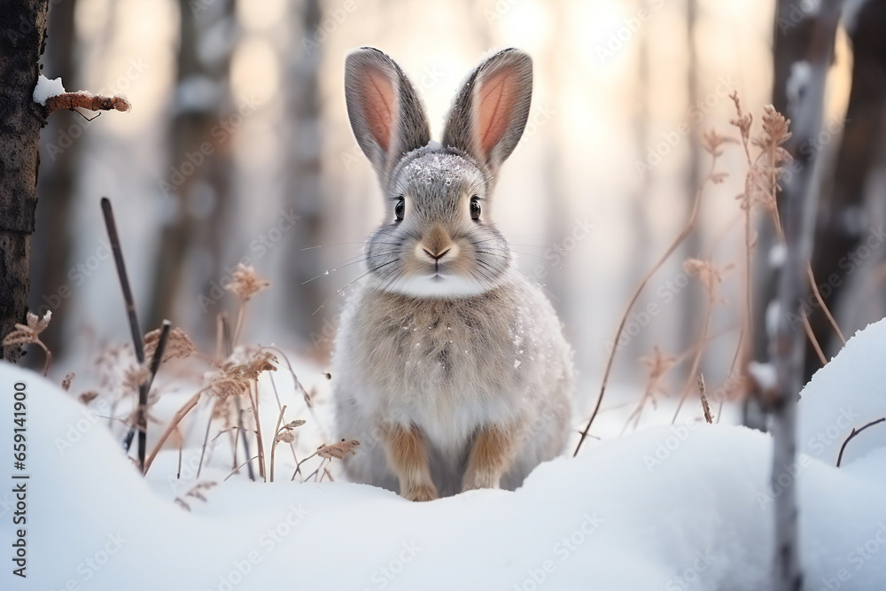 Cute gray hare in a beautiful snowy winter forest,ai generated Cute gray hare in a beautiful snowy winter forest,ai generated