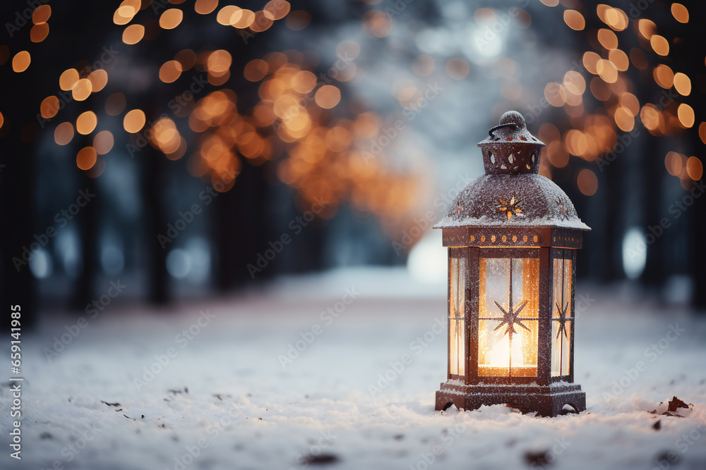 An old lantern that illuminates the forest road with winter snow. Event concept suitable for Christmas and snow scenery,ai generated An old lantern that illuminates the forest road with winter snow. Event concept suitable for Christmas and snow scenery,ai generated