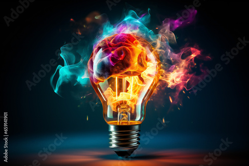Creative light bulb explodes with colorful paint and splashes on a dark background,ai generated