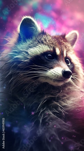 A painting of a raccoon in space surrounded by stars © NK