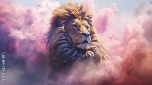Dreamlike, atmospheric illustration of a majestic lion on a colorful background