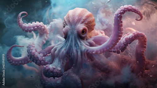 An octopus is surrounded by clouds of smoke