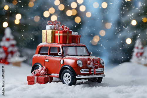 Red toy car and gift boxes on Christmas background,ai generated