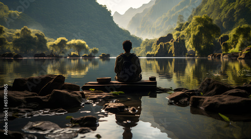 A man practicing mindfulness and meditation in a peaceful natural environment sony A7s realistic image, ultra hd, high design very detailed photo