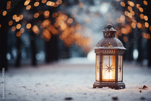 An old lantern that illuminates the forest road with winter snow. Event concept suitable for Christmas and snow scenery,ai generated