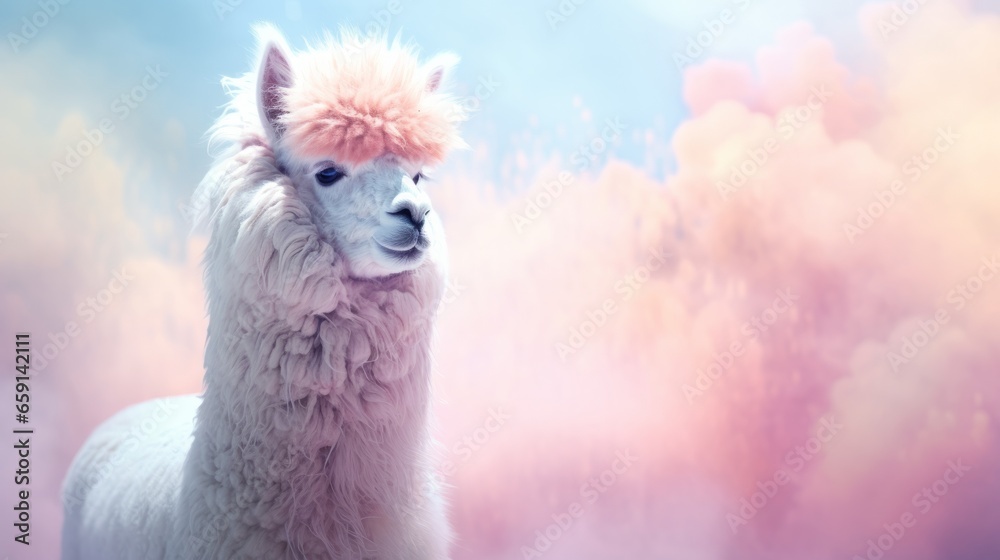 Fototapeta premium A majestic white llama standing in a dreamy cloud-filled sky