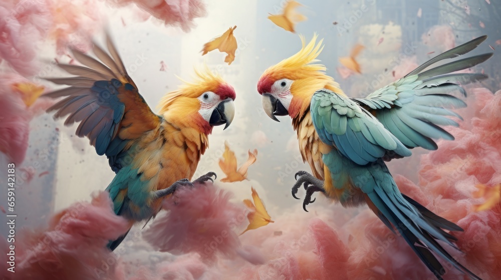 Fototapeta premium Two colorful parrots standing on a cloud of pink clouds