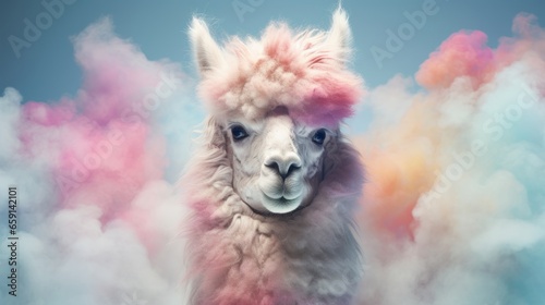 A llama with vibrant pink hair surrounded by a mesmerizing cloud of smoke