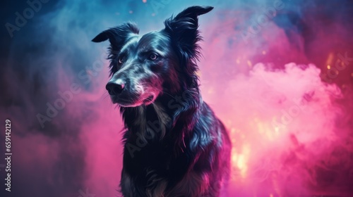 A black dog sitting in front of a pink and blue background © NK