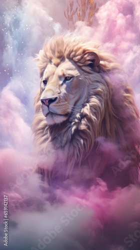 A painting of a lion surrounded by clouds